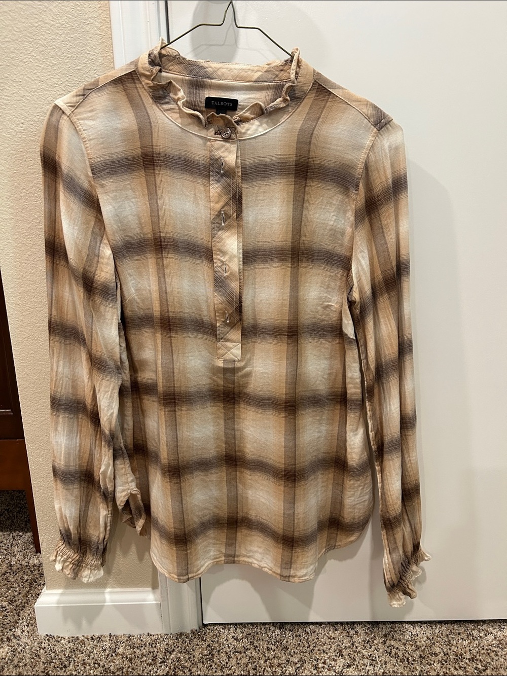 Talbots Brown and Beige Plaid Ruffle-Neck Blouse